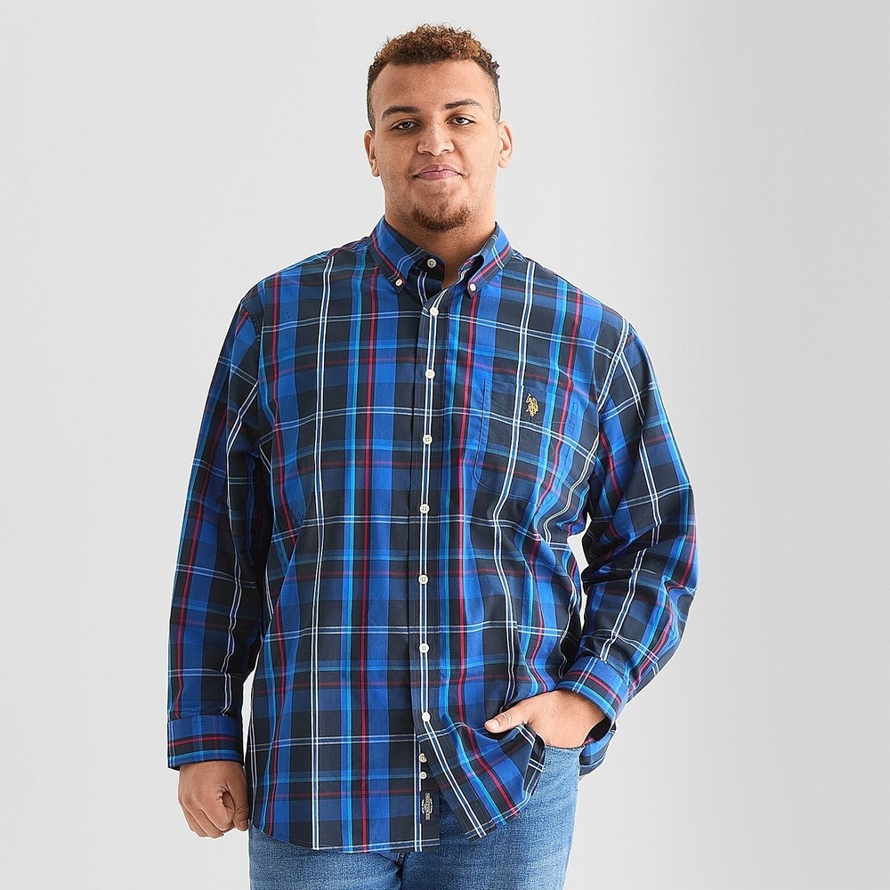 MSRP $58 U.S. Polo Assn. Mens 2XL Tall Classic Navy Plaid Button-Down Shirt Long